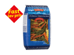 Pakke med tricolore fusilli pasta med teksten 'Fast lav pris'.