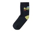 Kids' dark blue sock with a dinosaur design and the word 'ROAR' in yellow.