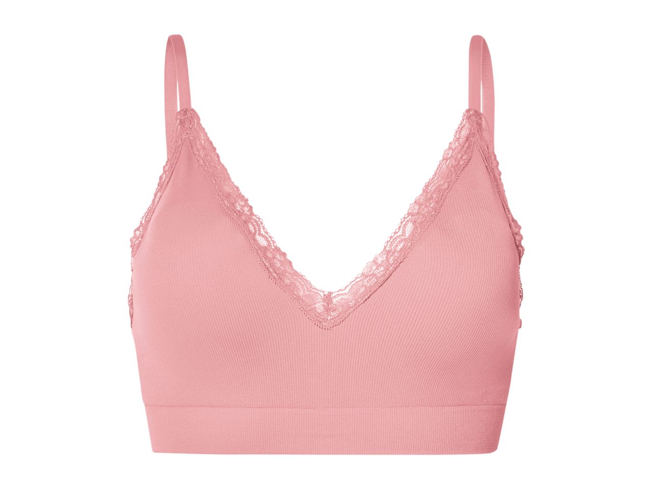 A dusty rose bralette with lace trim.