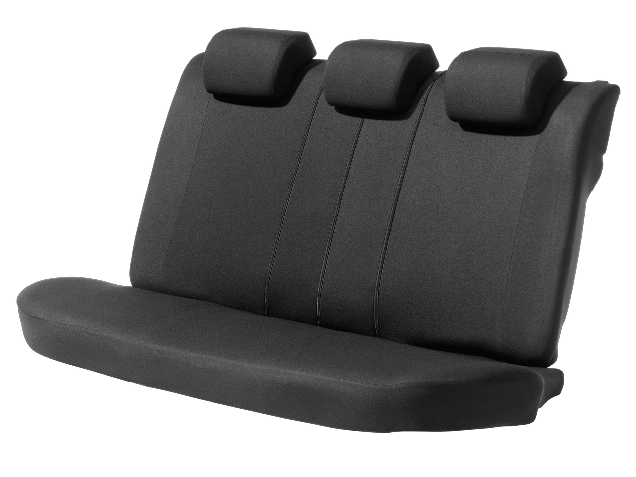 Set of black car seat covers with three headrests.