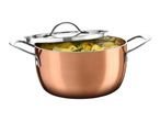 Copper-colored cooking pot with a lid, filled with potatoes and green beans