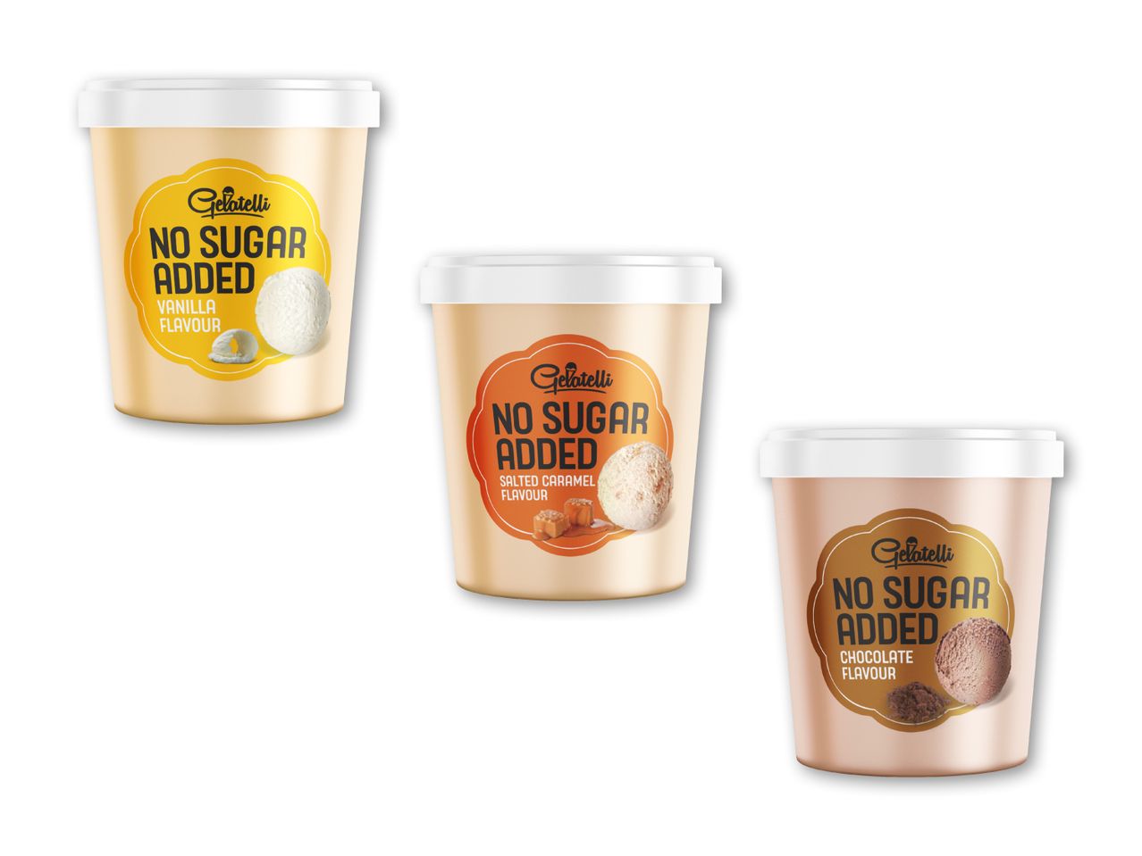 Tre Gelatelli isbøtter med 'No Sugar Added' i vanilje, saltkaramel og chokolade.