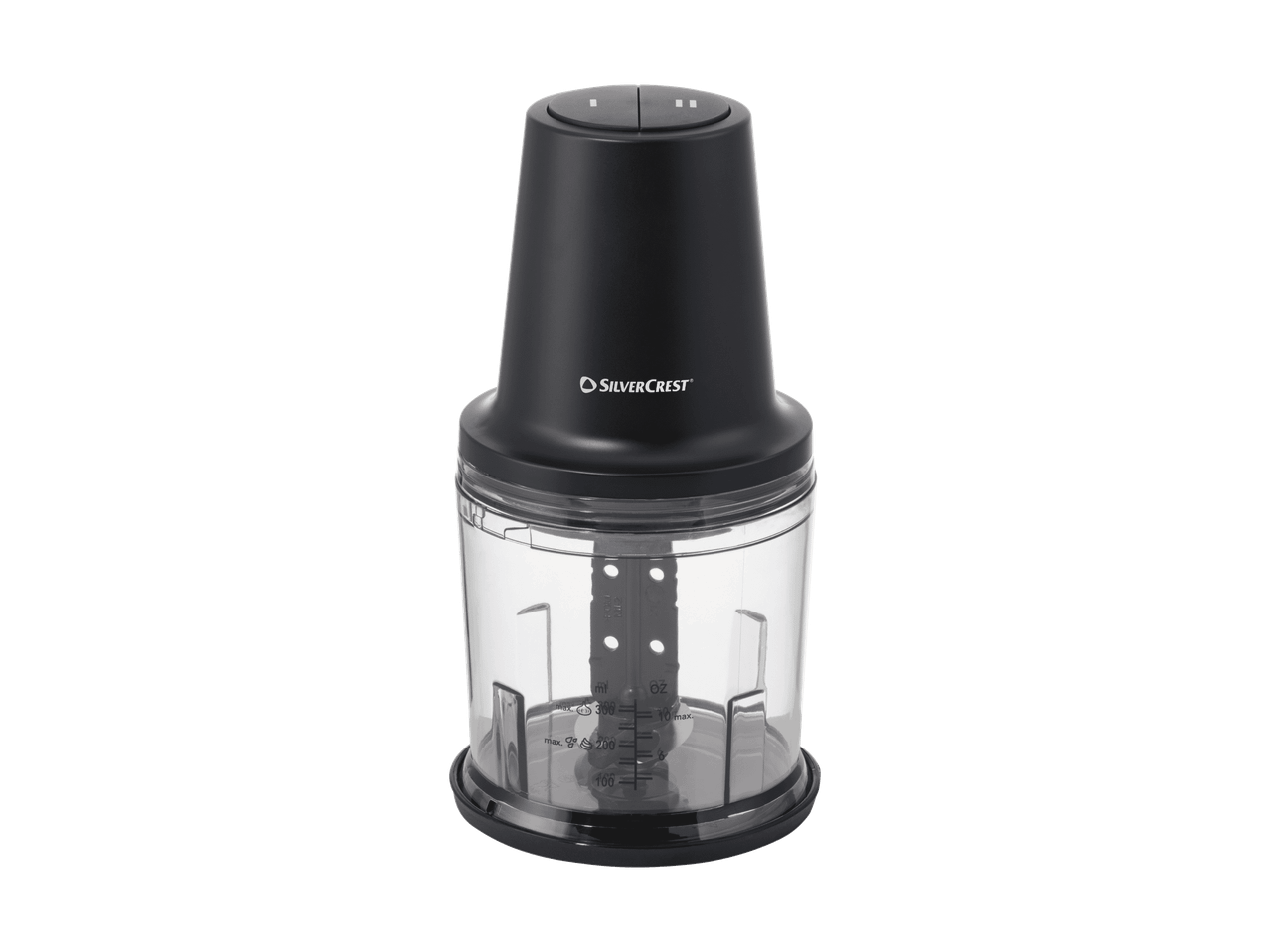 Tritatutto elettrico compatto Silvercrest con ciotola trasparente e coperchio nero.