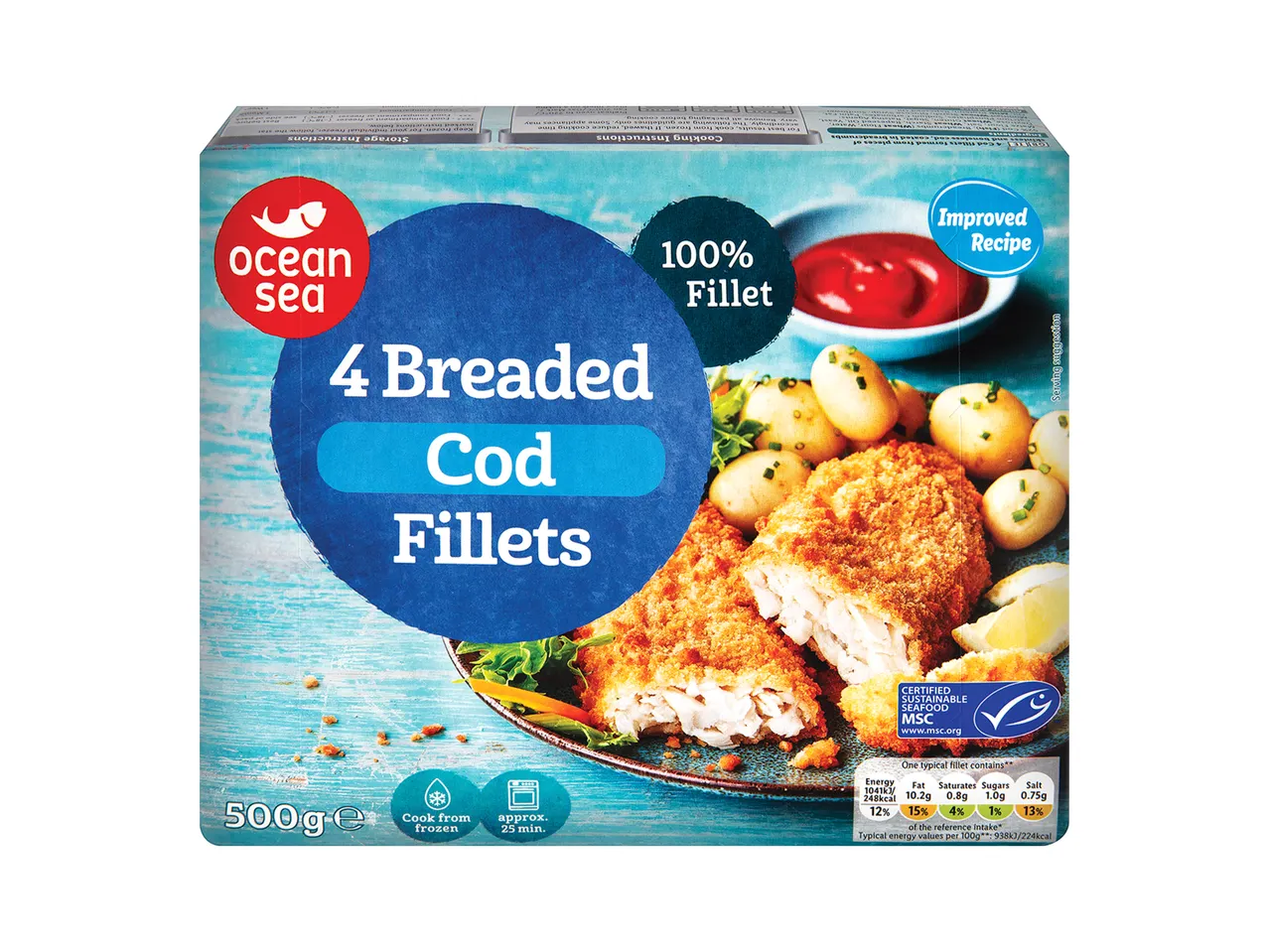 4 Ocean Sea breaded cod fillets: 100% fillet.