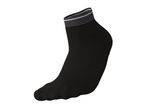 A black ankle sock with grey stripes at the top.