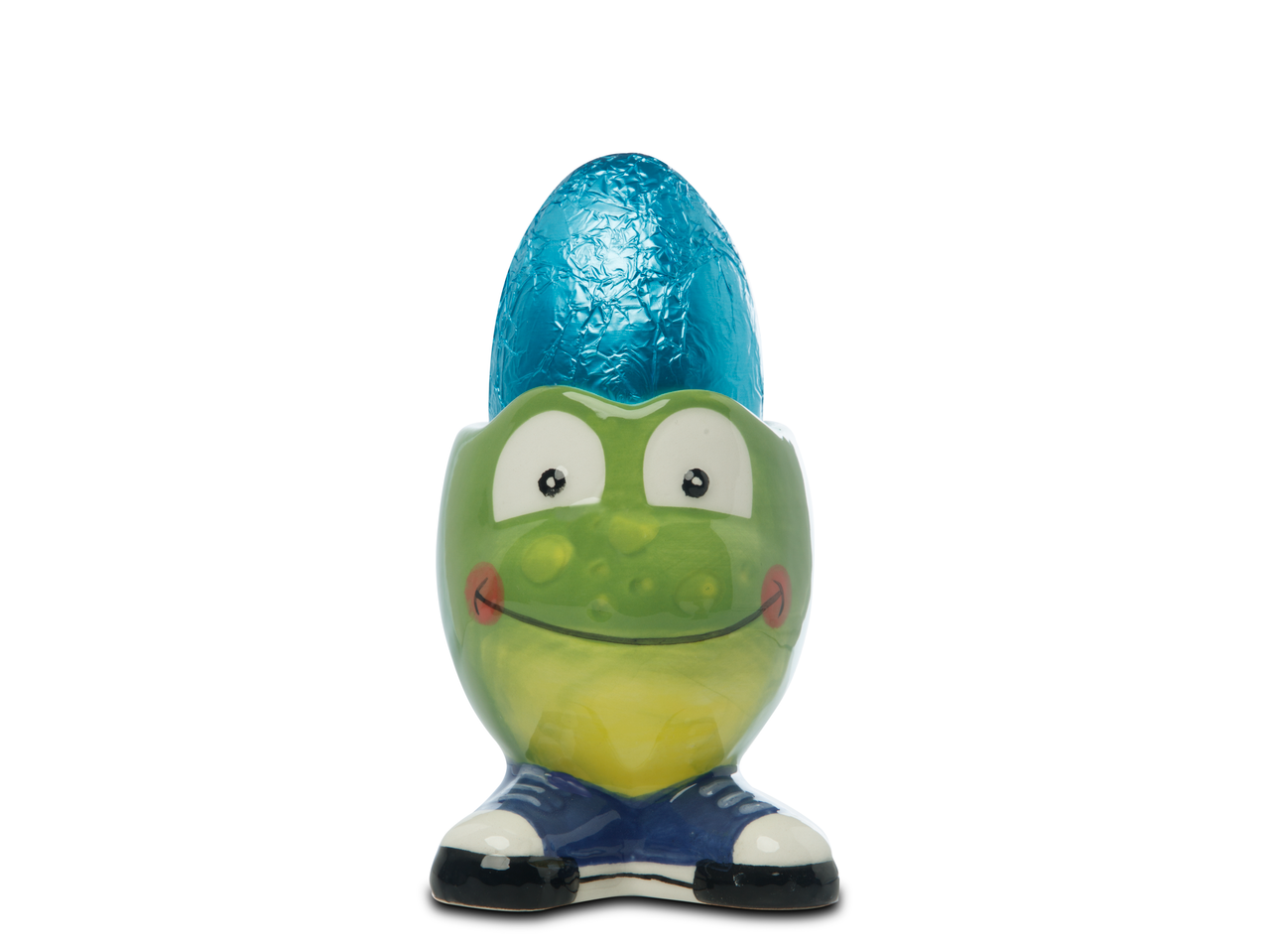 Chocolade paasei in blauw folie, in een kikker-vormige eierdop.
