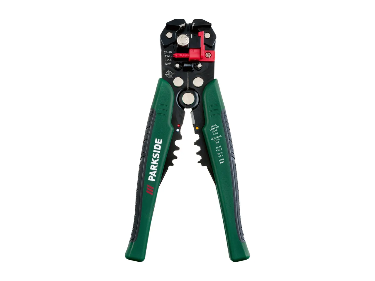 Automatic wire stripper and crimper with green and black handles, showing various wire gauges.