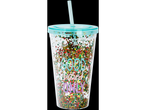 Glitter tumbler with straw, "Good vibes only" text.