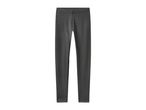 A pair of dark gray leggings, made from a soft, stretchy fabric, laid flat on a white background.
