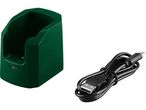A dark green charging dock and a black USB cable.