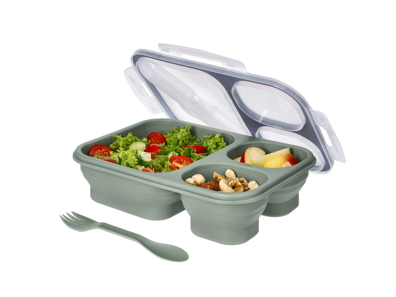Green collapsible lunch box with salad, nuts, and fruit, with a matching spork.