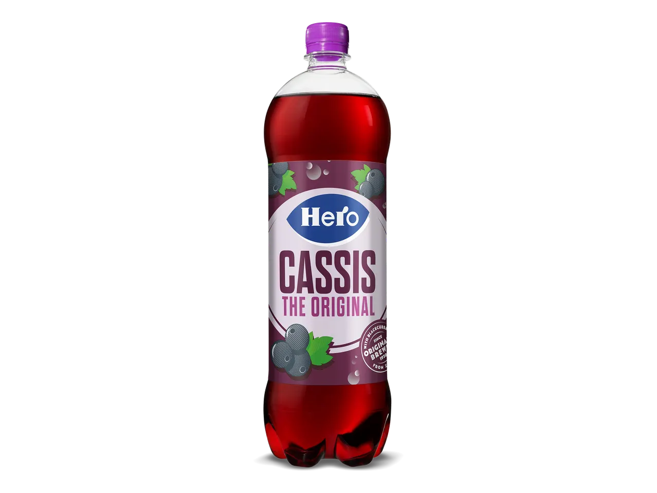 Fles zwartebessensiroop met paarse dop en etiket met zwartebessen en bubbels.