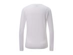 White long-sleeved athletic top with a small logo on the back of the neck