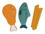 Toy chicken drumstick, fish, and french fries on a white background.