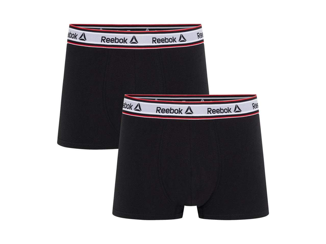 Two pairs of black Reebok boxer shorts with white waistbands featuring the Reebok logo.