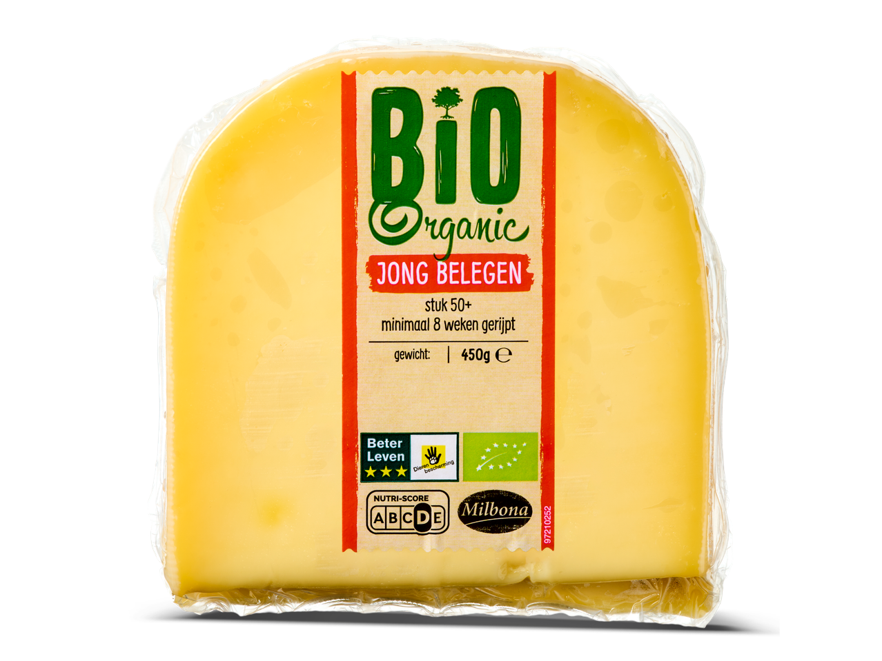 Milbona Bio Organic Jong Belegen kaas, 450g, met Beter Leven en Nutri-Score D keurmerken