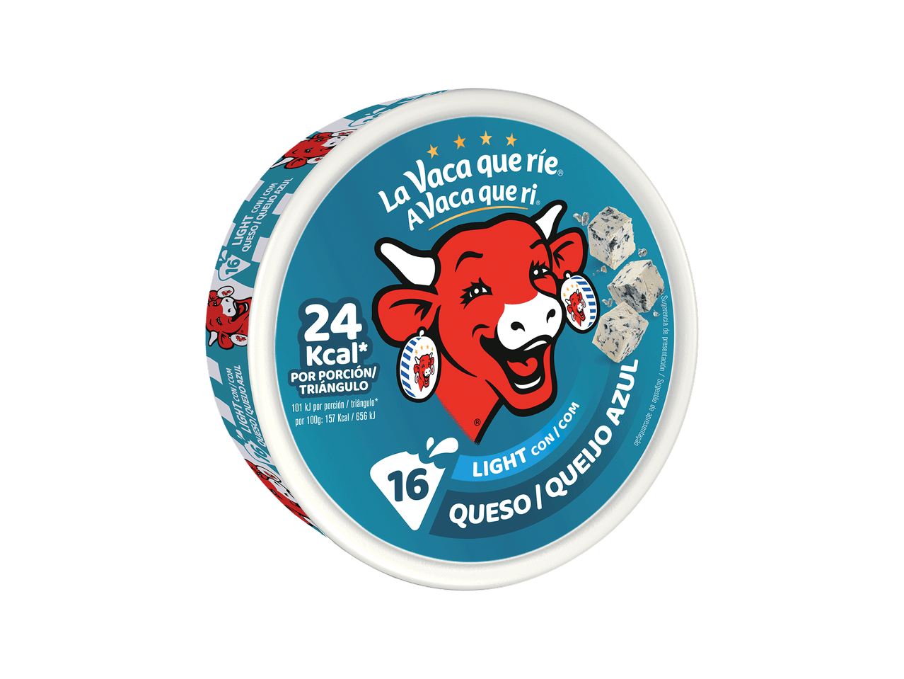 Queijo cremoso light com queijo azul, 16 porções, 24 Kcal por porção.