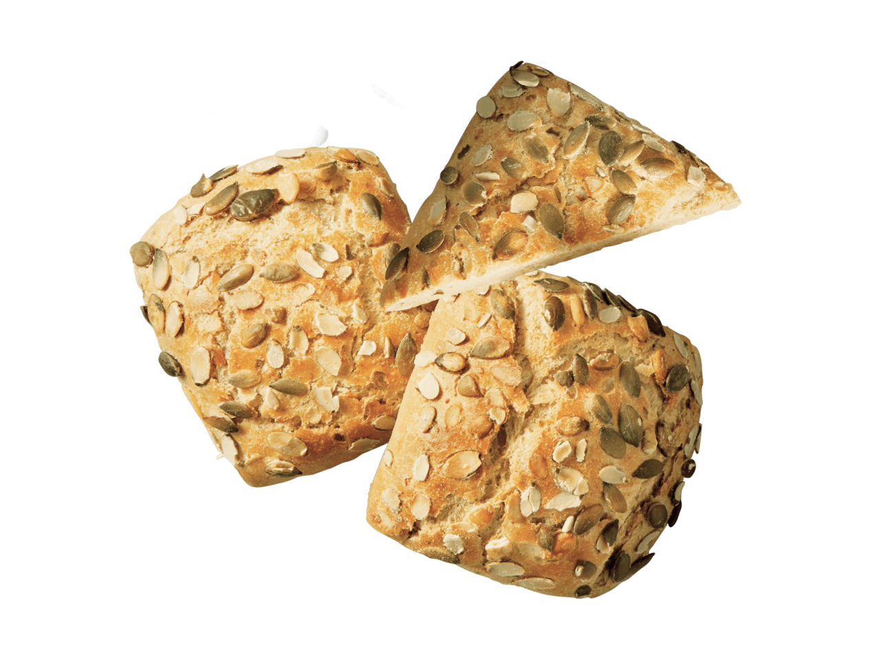 Drei goldbraune Brötchen mit Kürbiskernen und Mandelsplittern, eines davon halbiert.