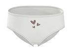 White children's briefs with three small brown hearts on the front.