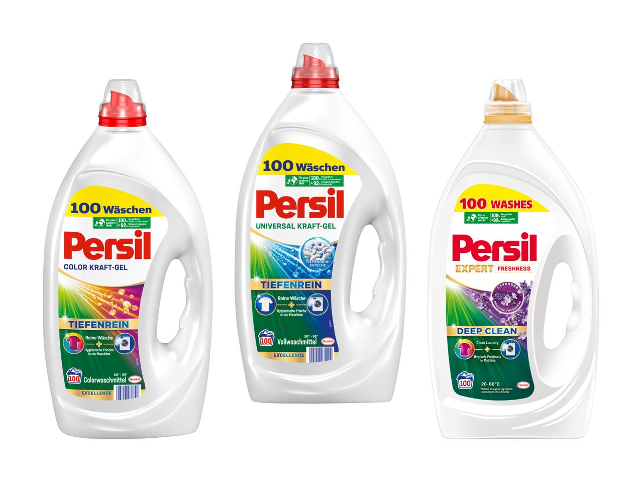 Trois bouteilles de lessive Persil : Color Kraft-Gel, Universal Kraft-Gel et Expert Freshness.