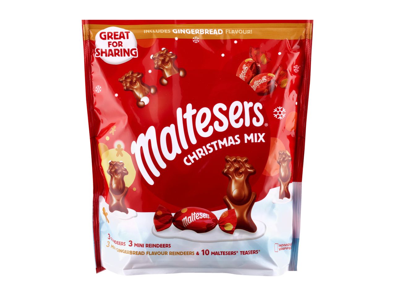 A festive red sharing bag of chocolate reindeers and wrapped chocolate teasers.