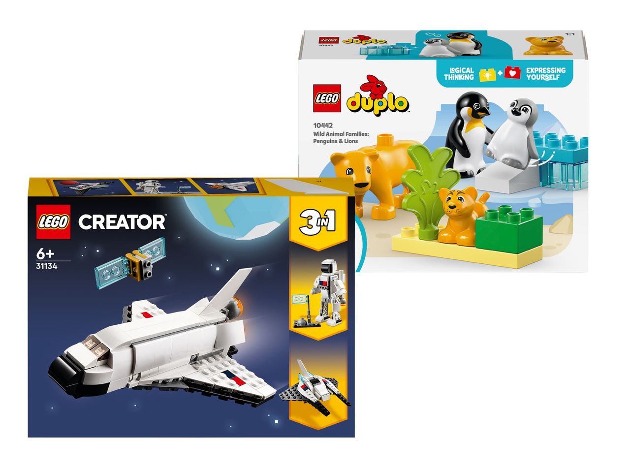 Zwei Spielzeugsets: ein weißes Raumschiff mit Satellit und ein Set mit Pinguinen und Löwen.