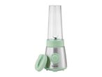 A light green and silver personal blender with a clear blending cup and an open lid next to it.