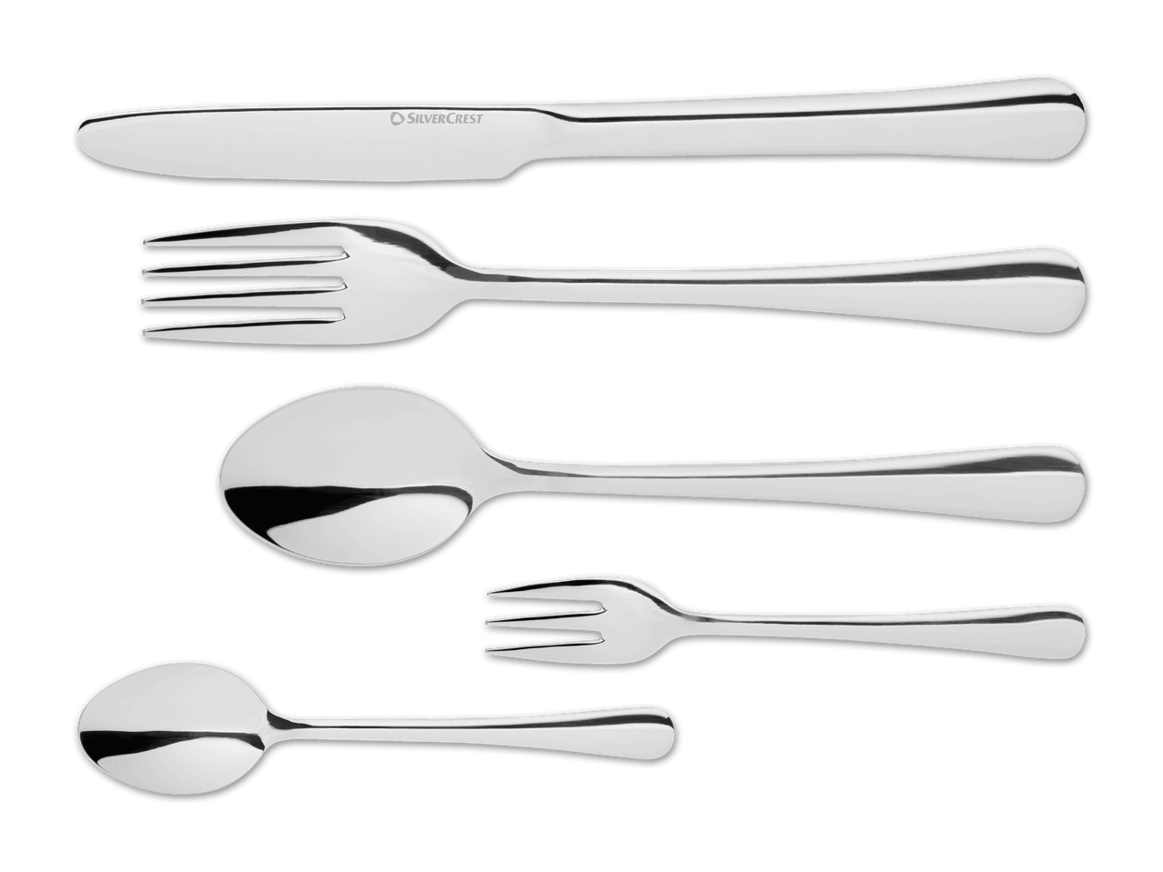 Ein Set aus glänzendem Besteck, darunter Messer, Gabeln und Löffel, mit dem SilverCrest-Logo.