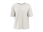Beiges T-Shirt mit kurzen Ärmeln und goldenen Knöpfen an der Schulter