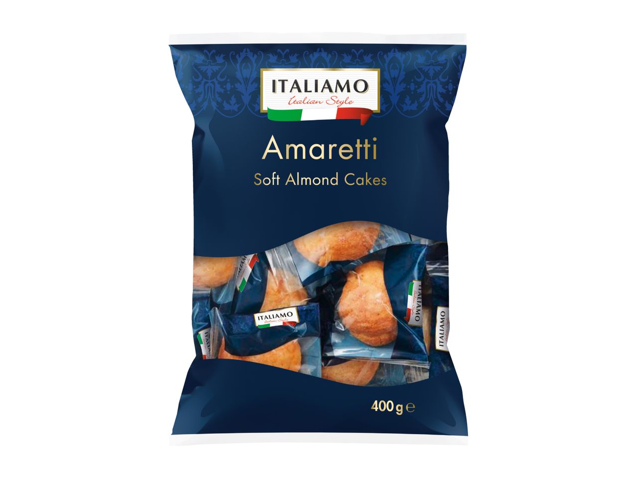 A dark blue bag of individually wrapped soft almond cakes, with a prominent Italian flag design.