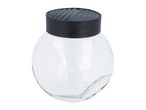 A clear glass jar with a black lid.