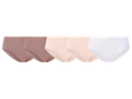 Pet ženskih gaćica u bež, ružičastoj i bijeloj boji, složenih jedna iza druge.