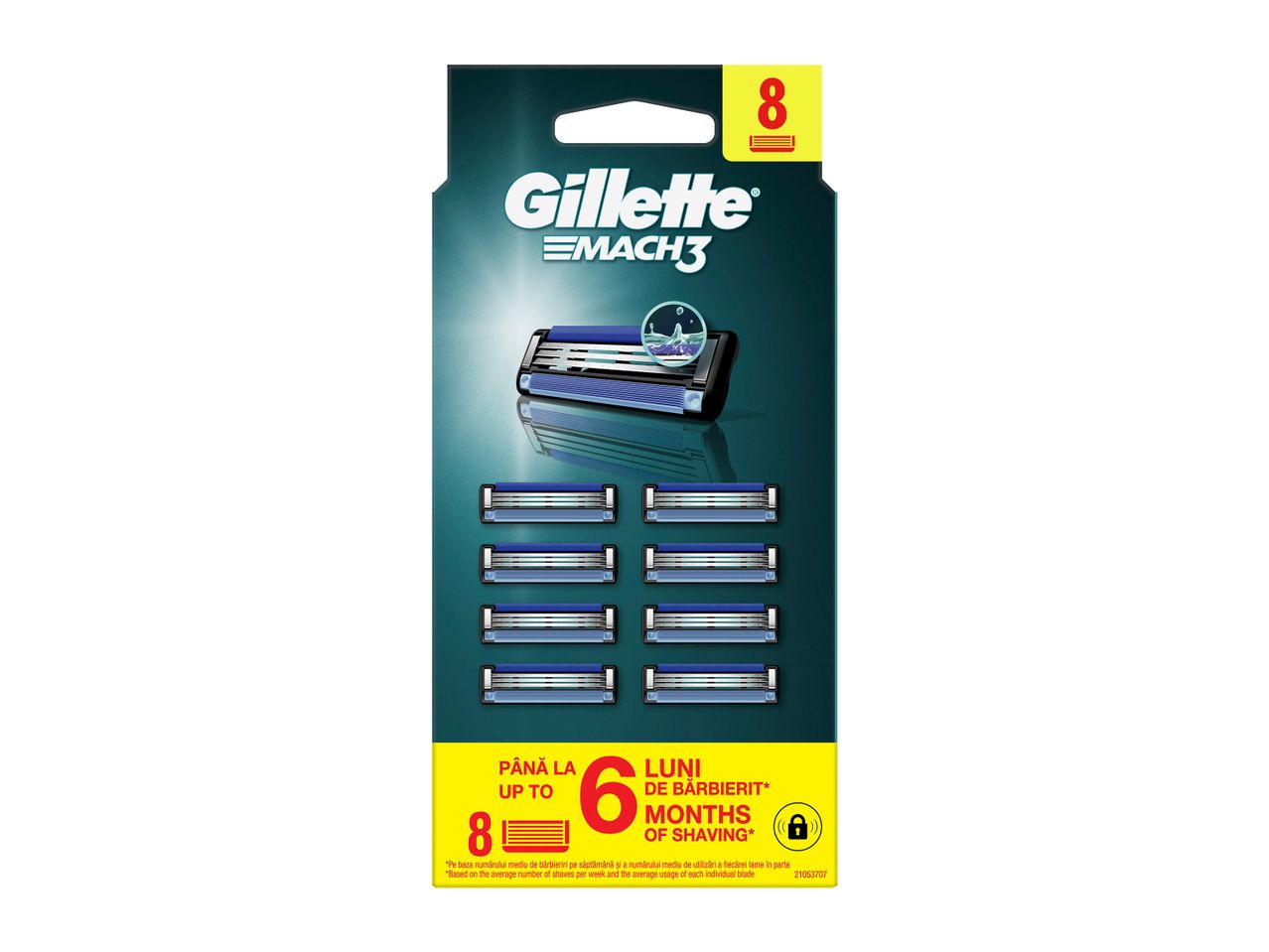 Pachet Gillette Mach3 cu 8 rezerve de lame, oferind până la 6 luni de bărbierit.