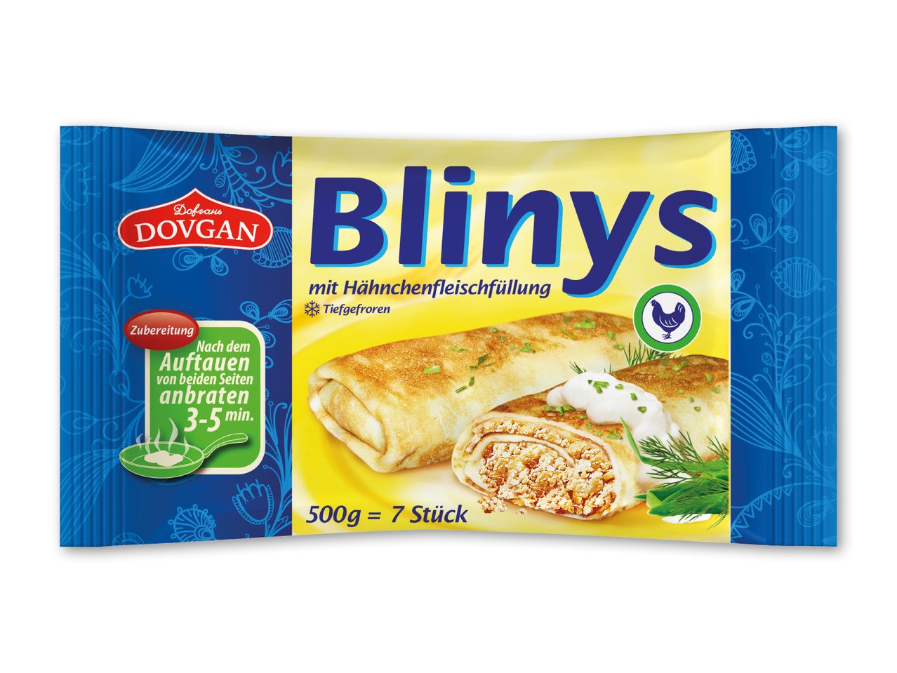 Blinys med kyllingekødsfyld, frosne, 500g = 7 styk, med tilberedningsvejledning.