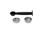 A black coffee scoop and two stainless steel filter baskets with 'MAX' markings.