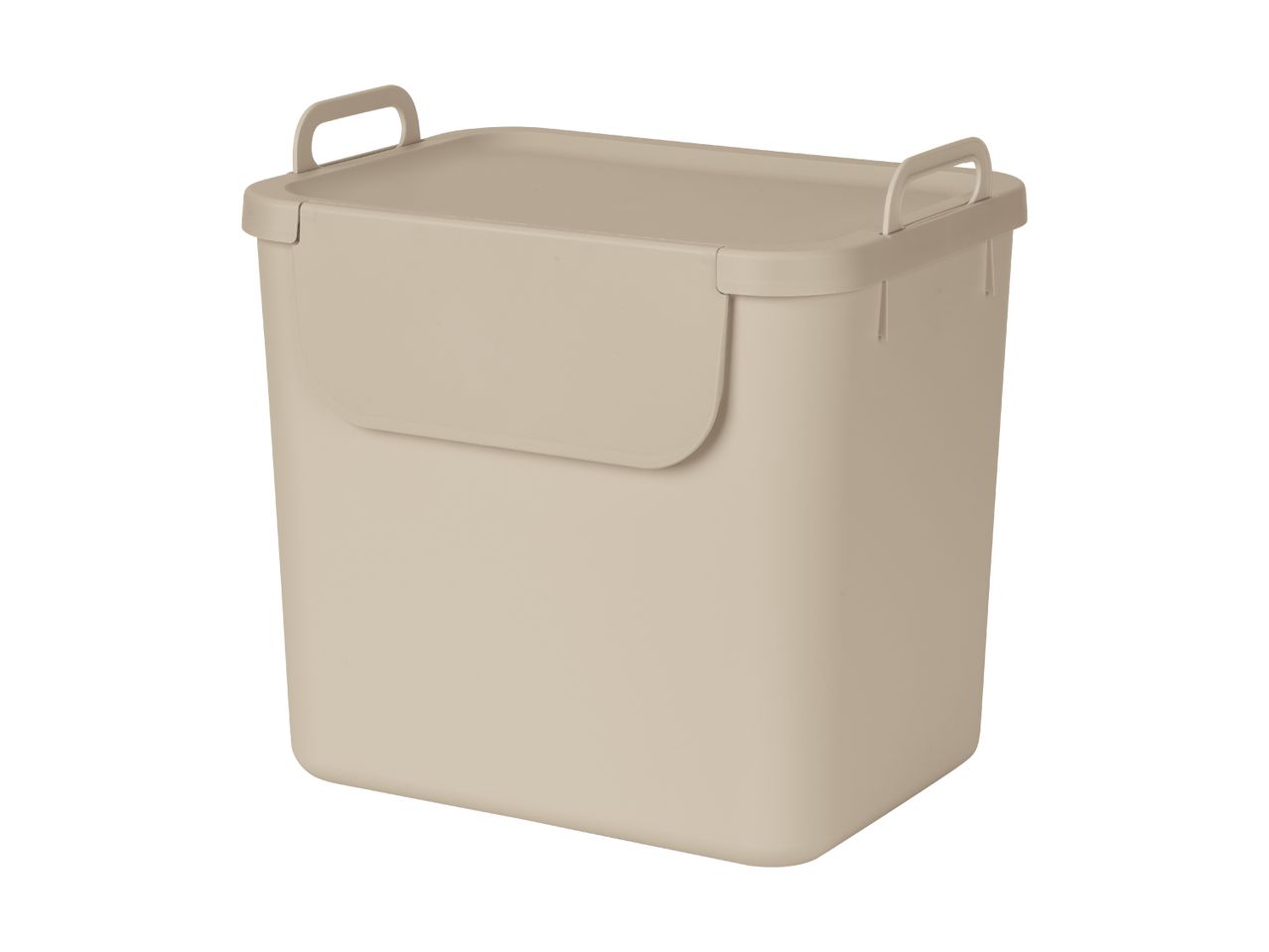 En beige opbevaringskasse med håndtag.