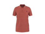 Tricou polo roșu cărămiziu cu mânecă scurtă, cu guler și manșete cu dungi albe.