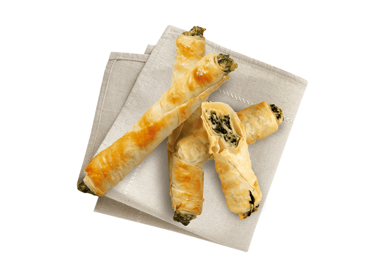 Blätterteigröllchen mit Spinatfüllung auf einem Leinentuch