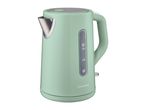 Light green electric kettle with a water level indicator and a silver spout