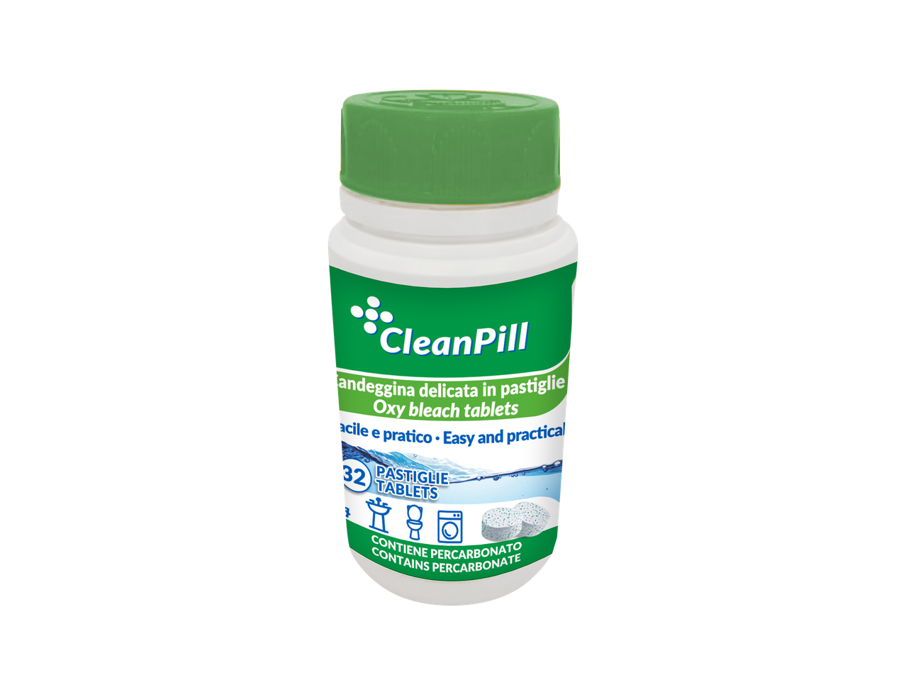 CleanPill Oxy bleach tablets in a white bottle with a green cap.