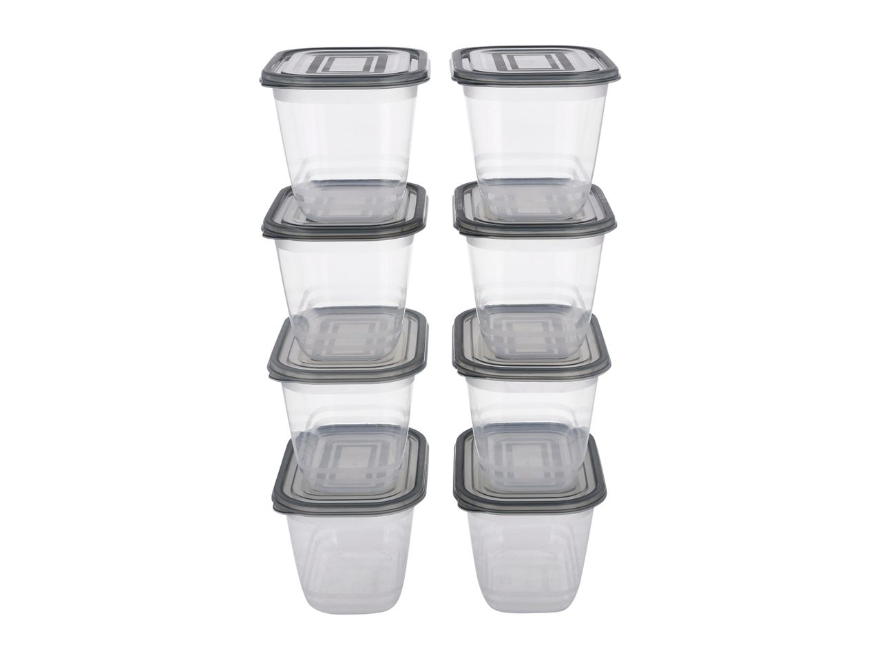 Two stacks of clear plastic food storage containers with gray lids.
