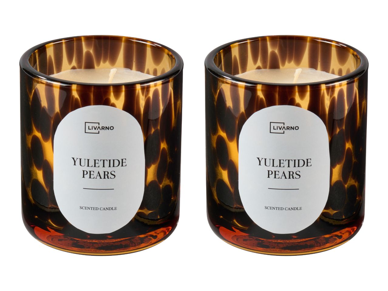 Two Livarno Yuletide Pears scented candles in tortoise shell glass jars