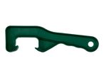 Dark green plastic paint can opener and bottle opener tool.