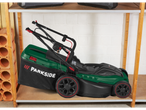 Parkside electric lawnmower with grass catcher bag on a shelf.