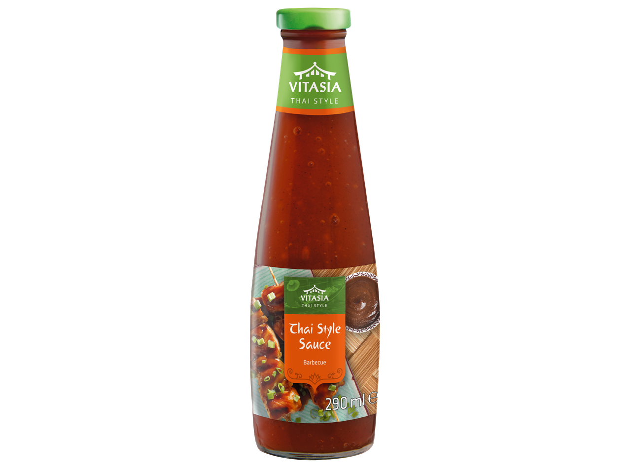 Бутилка тайландски сос за барбекю с надпис 'Thai Style Sauce Barbecue' и 290 ml.