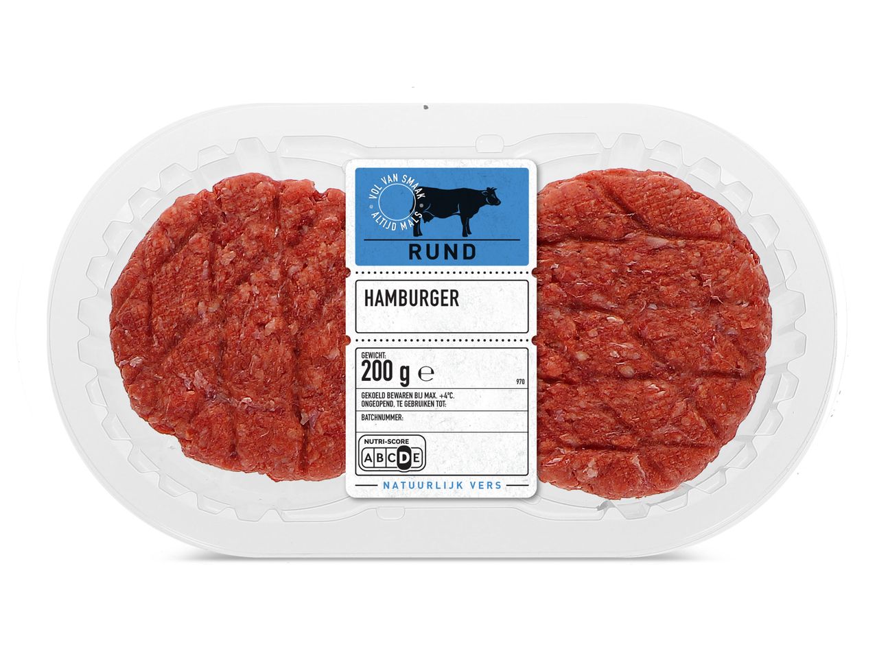 Twee rauwe runderhamburgers in een transparante verpakking met een blauw etiket.