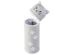 Grijze kattenetui met pootafdrukken, open, met kattengezicht op de deksel.