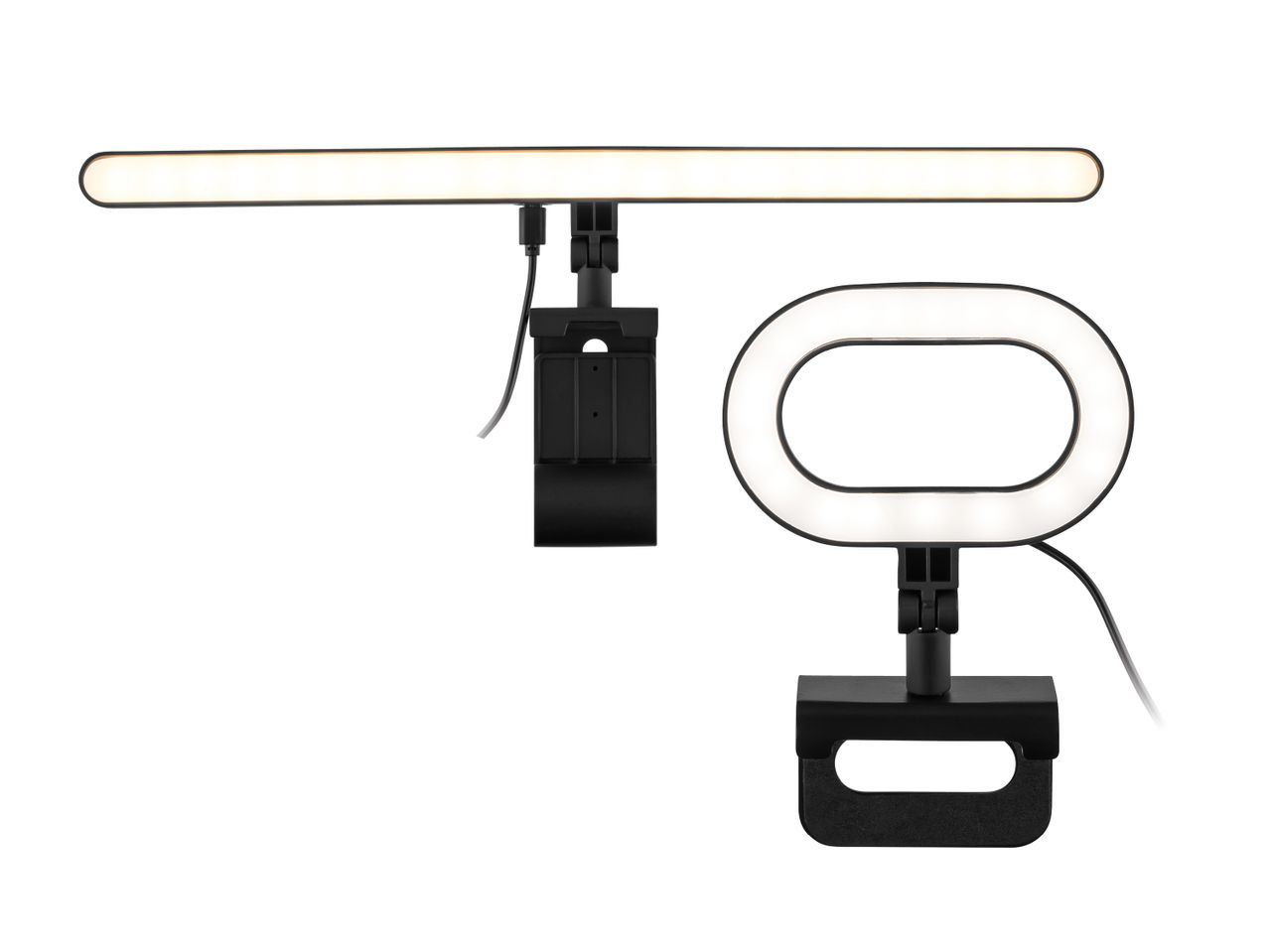 Zwei schwarze LED-Leuchten mit Klemmen, eine länglich und eine oval, auf weißem Hintergrund.