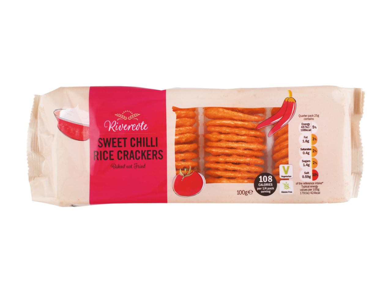 Rivercote Sweet Chilli Rice Crackers, a quarter pack (25g) of baked, not fried, gluten-free crackers.