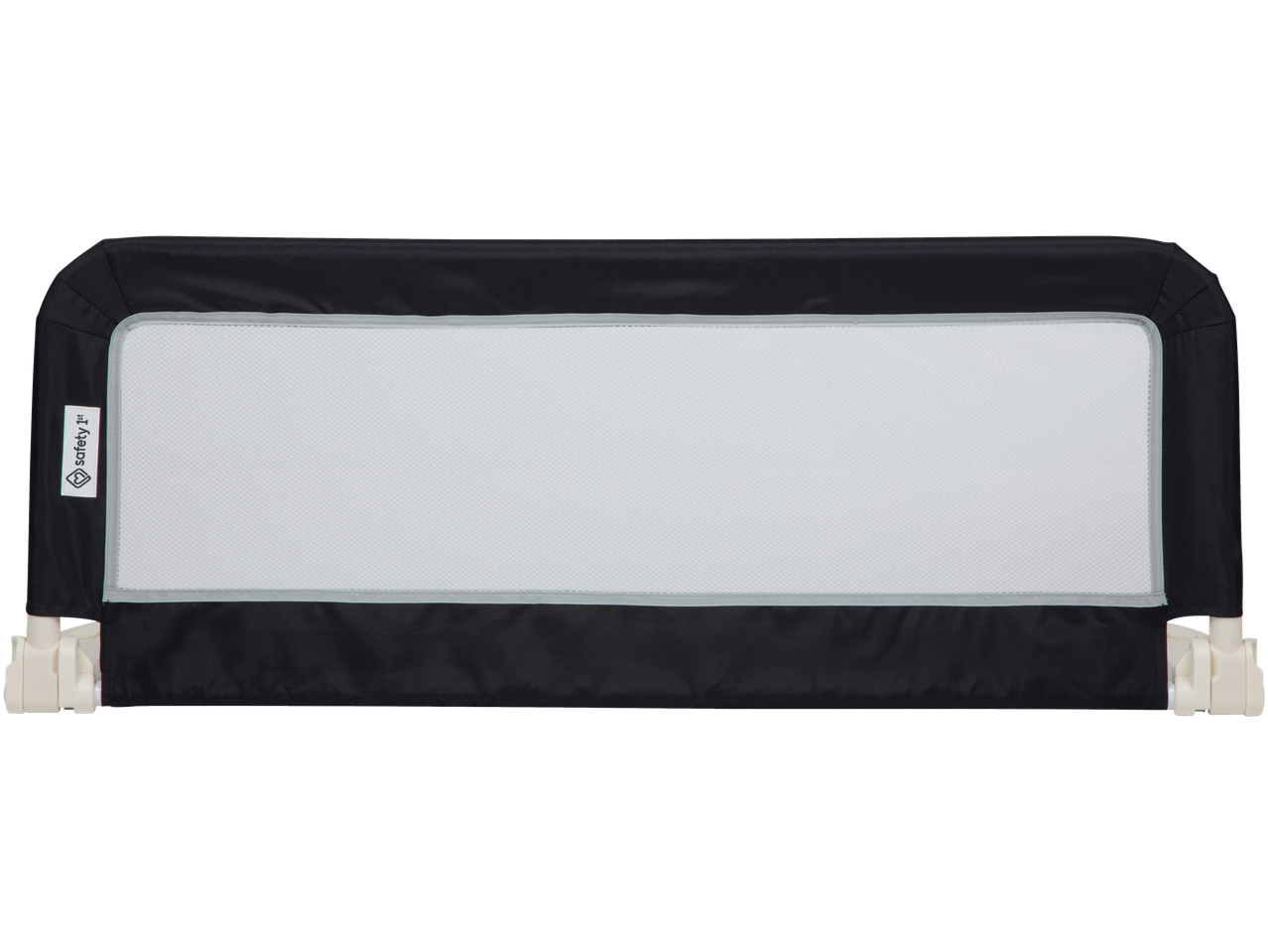 Black and white mesh bed rail for children, with a safety label on the left side.